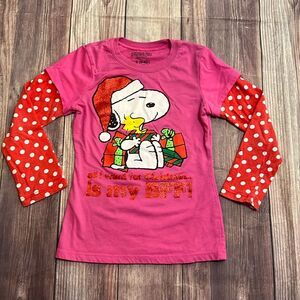 Peanuts Girls 6x Santa Snoopy Woodstock Christmas Shirt Holiday Pink Red